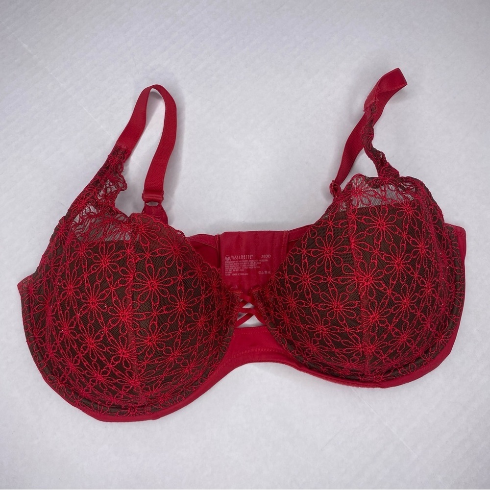 Vassarette Daisy Lace Overlay Bra Lined Underwire 38DD Red Sexy Lingerie Padded - Picture 6 of 6